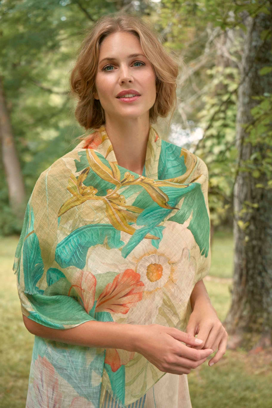 Stylish 100% Linen Sage Scarf with Delicate Tropical Patterns