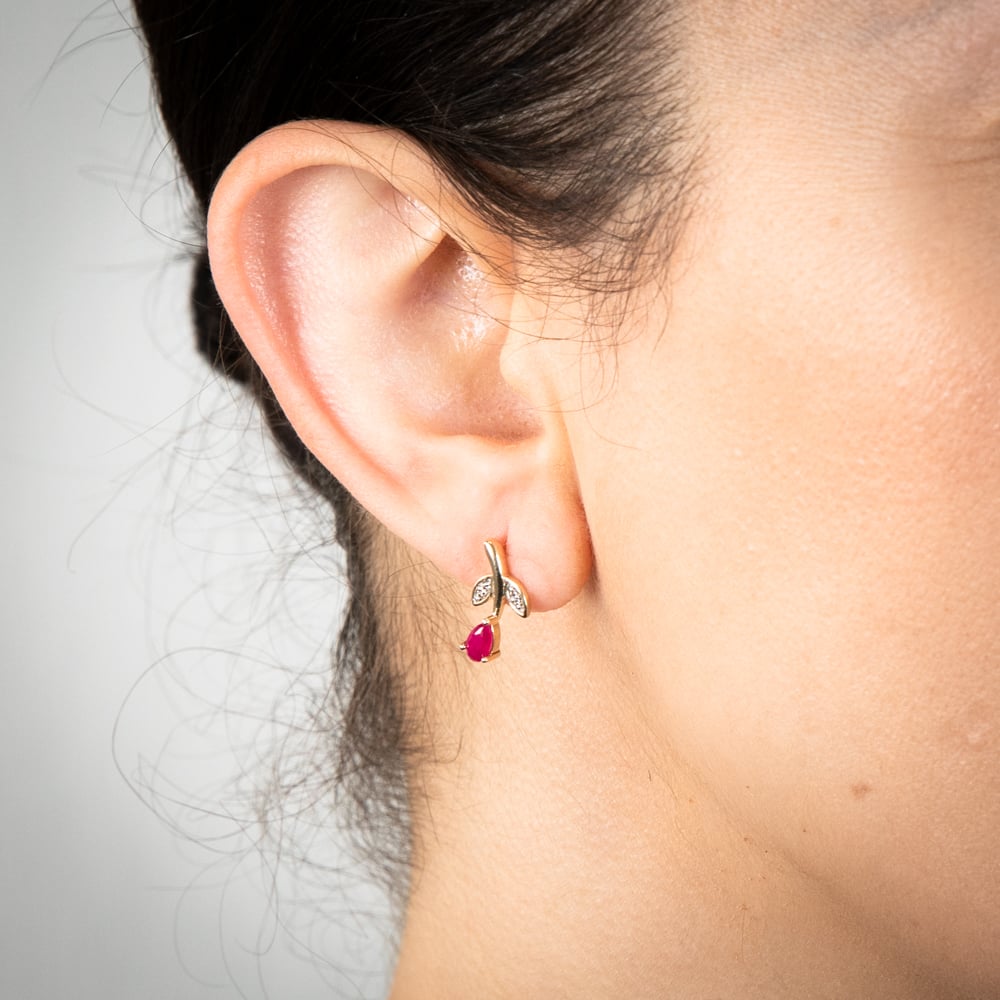 9ct Yellow Gold Stud Earrings with Natural Diamonds and Created Pear - Shaped Rubies