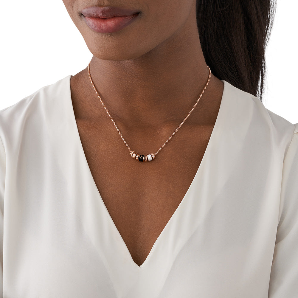 Emporio Armani Fashionable Rose Gold - Plated Stainless Steel Pendant with Chain and Black Lacquer Components
