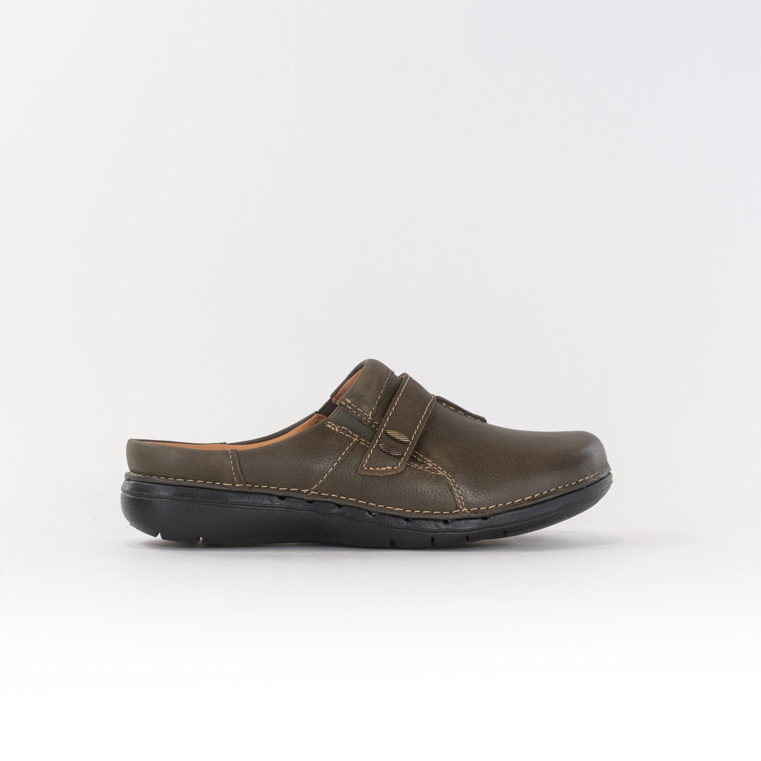 Clark's Women's Un Loop Ease Dark Olive Leather Comfortable Mules