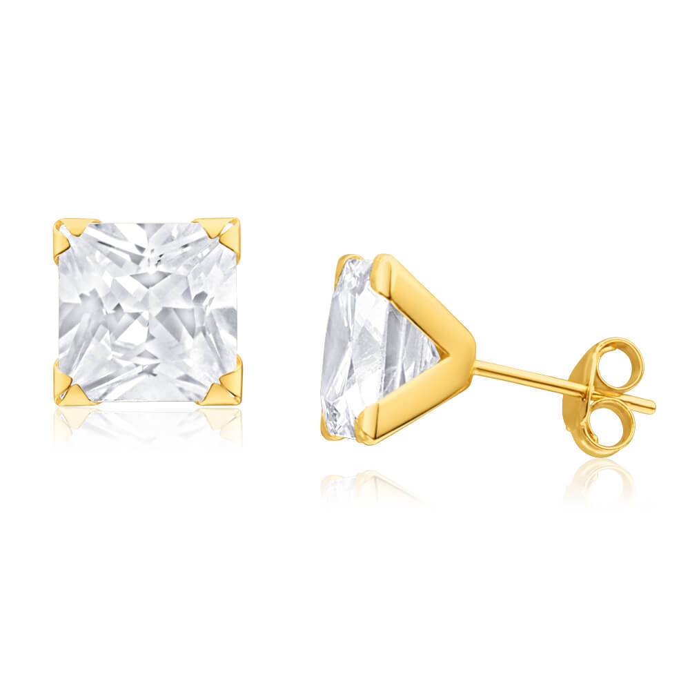 Stylish 9ct Yellow Gold 8mm Cubic Zirconia Princess Stud Earrings for Daily Wear