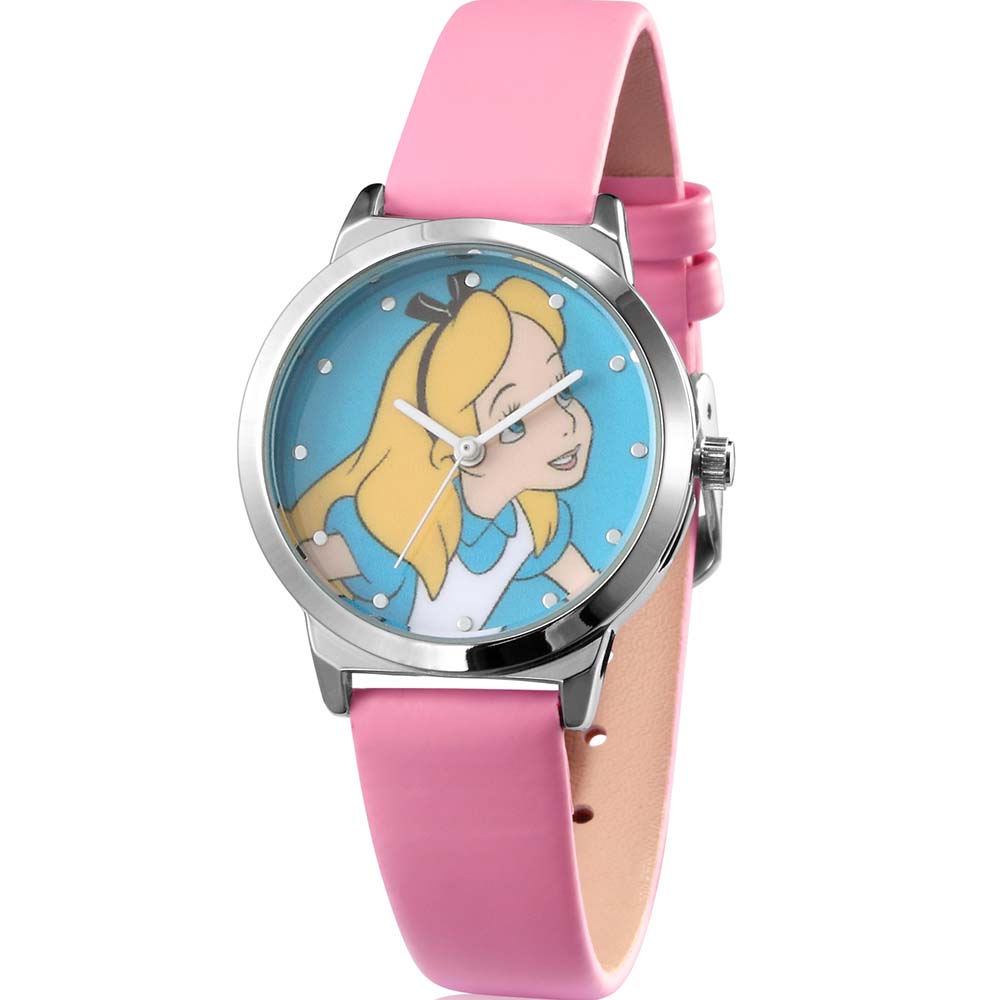 Adorable Disney Alice Pink Leather Strap Watch with Blue Dial