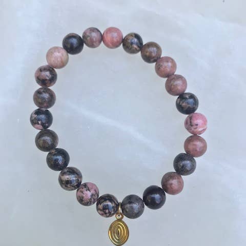Santore Jewelry's 8mm Rose Pink Rhodonite Mala Stretch Bracelet for Women