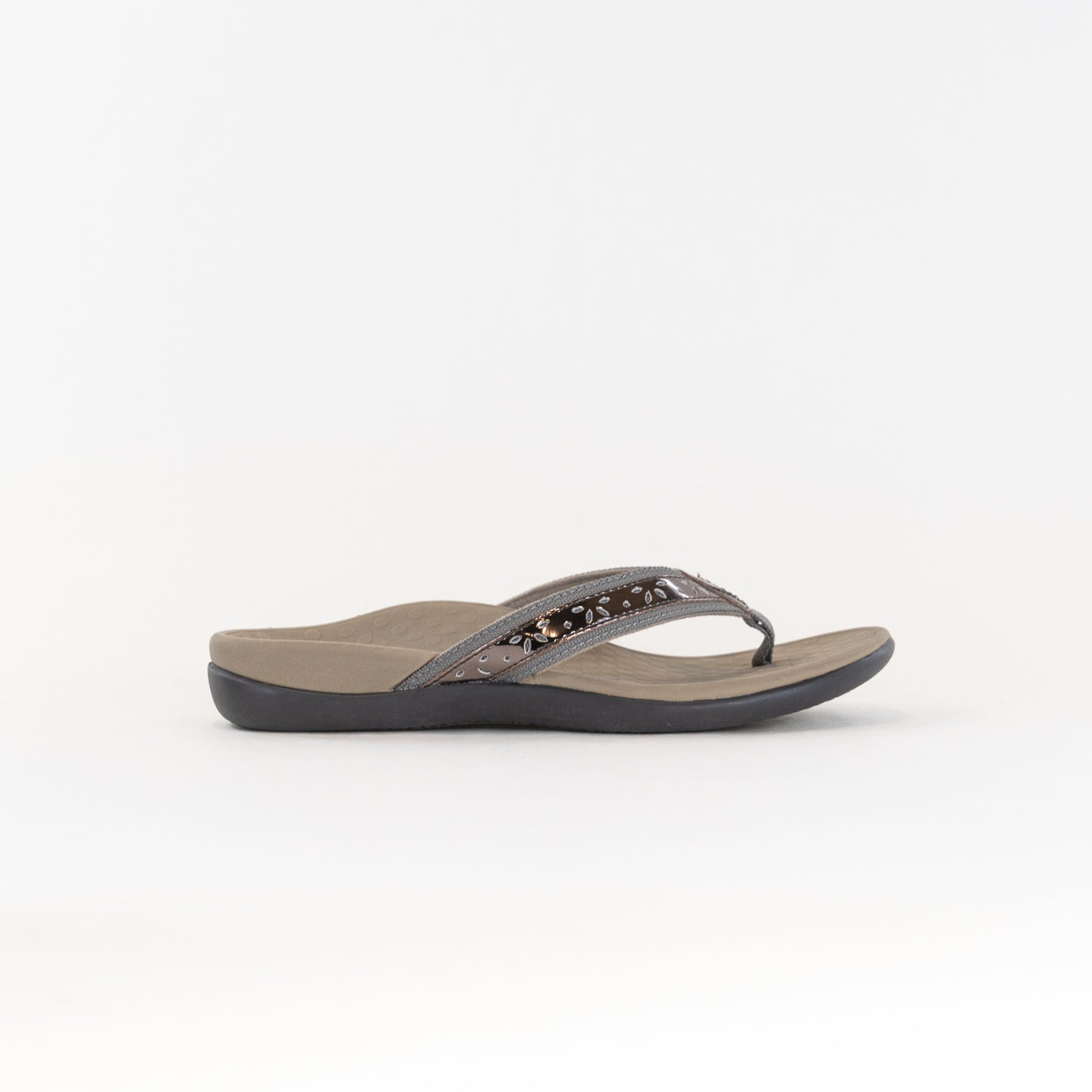 Vionic Women's Orthotic Casandra Thong Sandal in Elegant Pewter Color