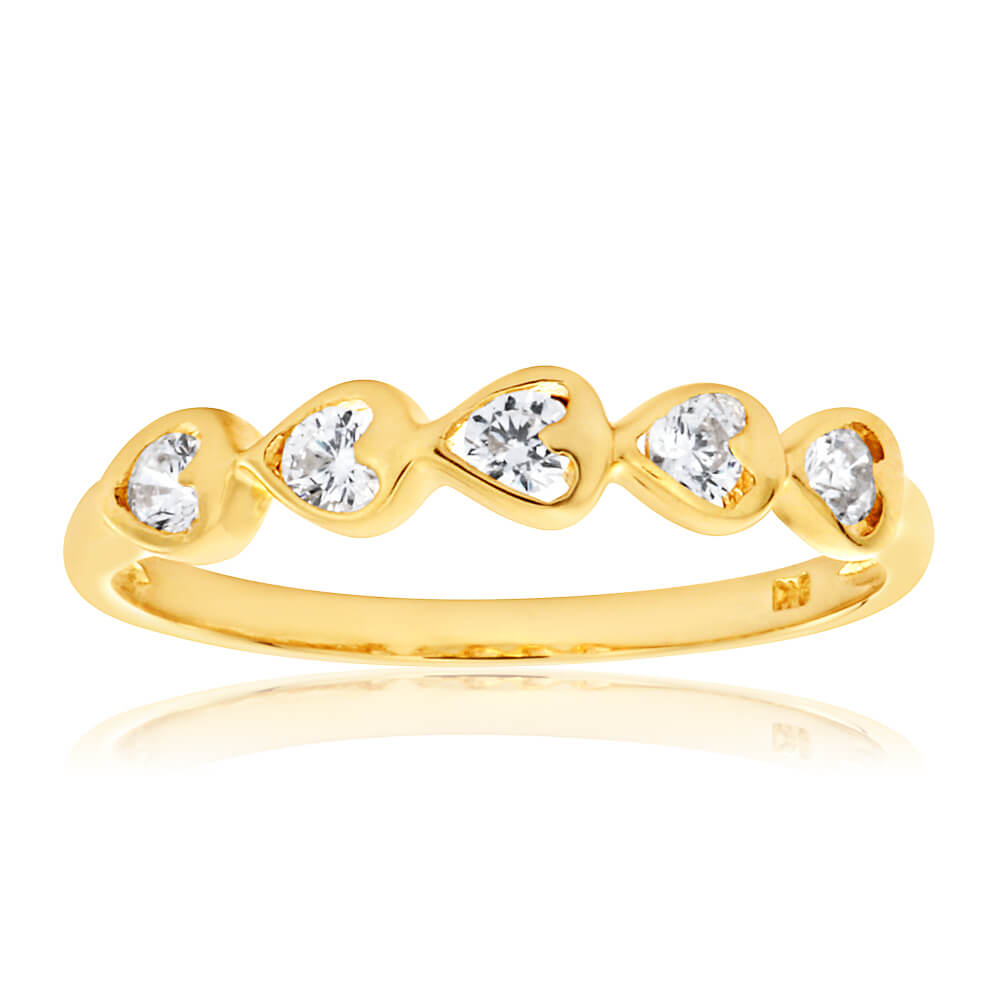Gorgeous 9ct Yellow Gold Heart Ring with Sparkling Cubic Zirconias