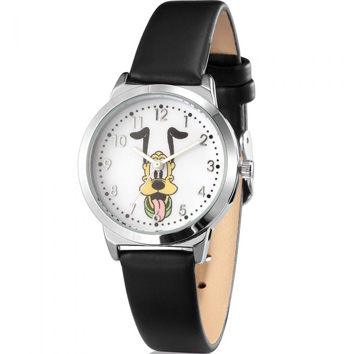 Disney SPW006 Black Leather Strap Pluto Character Wristwatch for All Ages