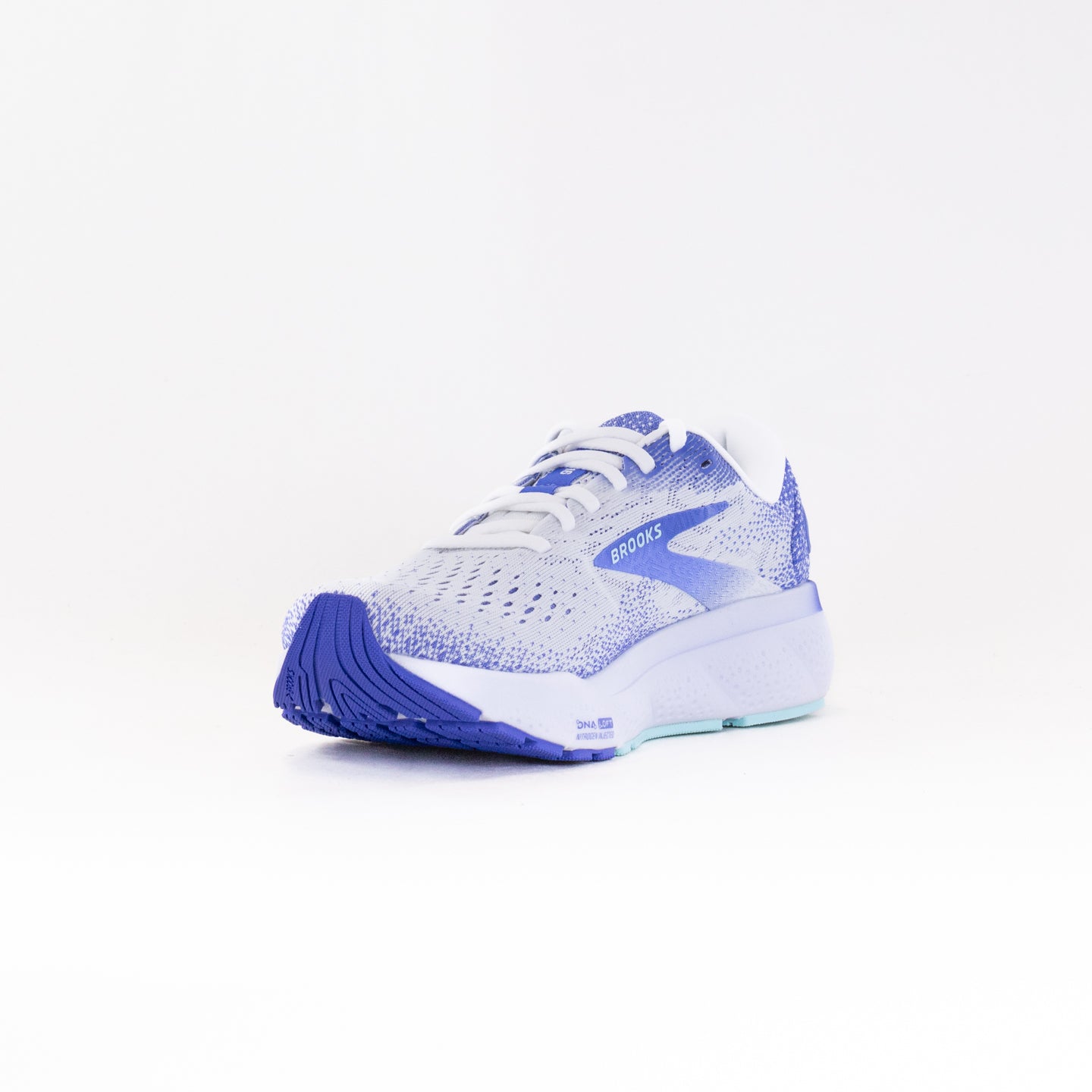 Women's Brooks Ghost 16 Running Shoes in White, Amparo Blue, and Limpet Shell Colors