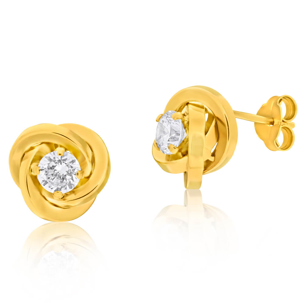 Gorgeous 9ct Yellow Gold Stud Earrings with Polished Knot Design and Sparkling Cubic Zirconias