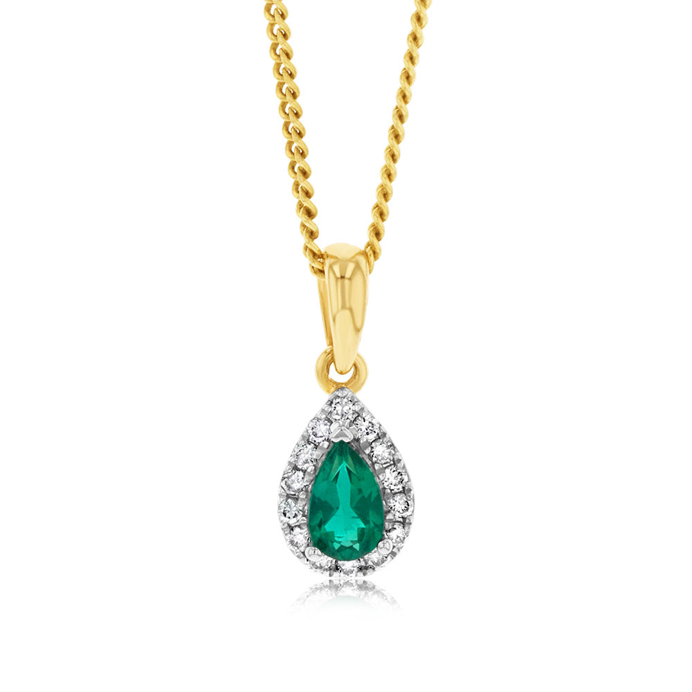 Stunning 9ct Yellow Gold Pendant with Diamonds and Lab - Created Emeralds
