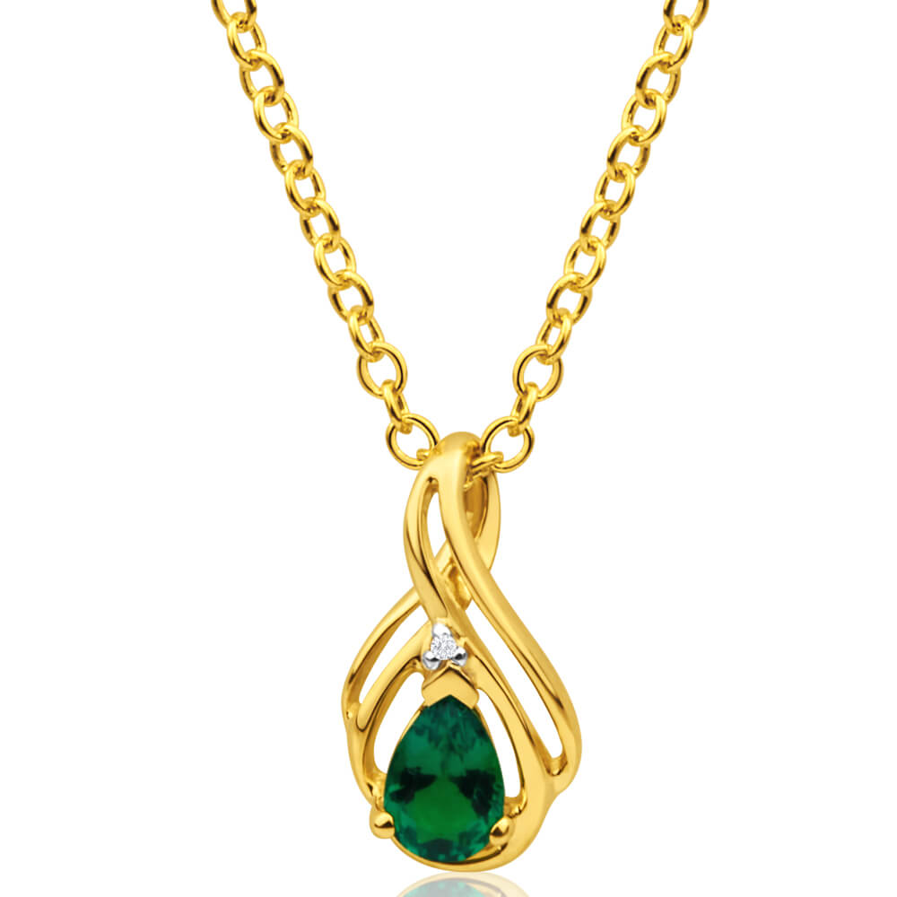 Stunning 9ct Yellow Gold Pendant with Real Diamonds and Created Emeralds