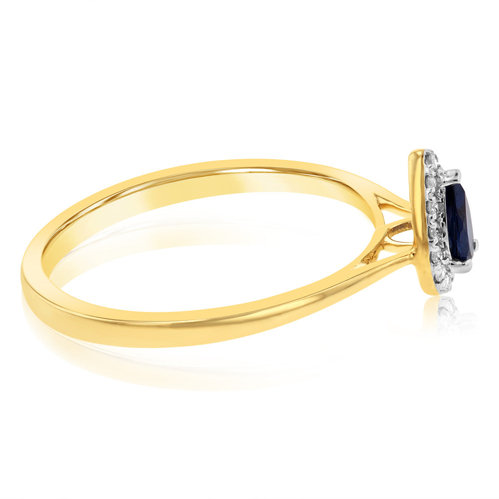 Stunning 9ct Yellow Gold Ring with Diamonds and Created Pear Sapphires