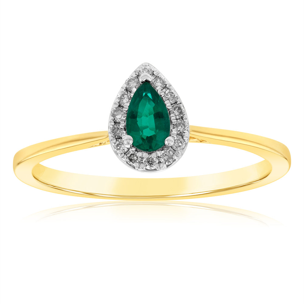 Stunning 9ct Yellow Gold Ring with Diamonds and Created Pear Emeralds