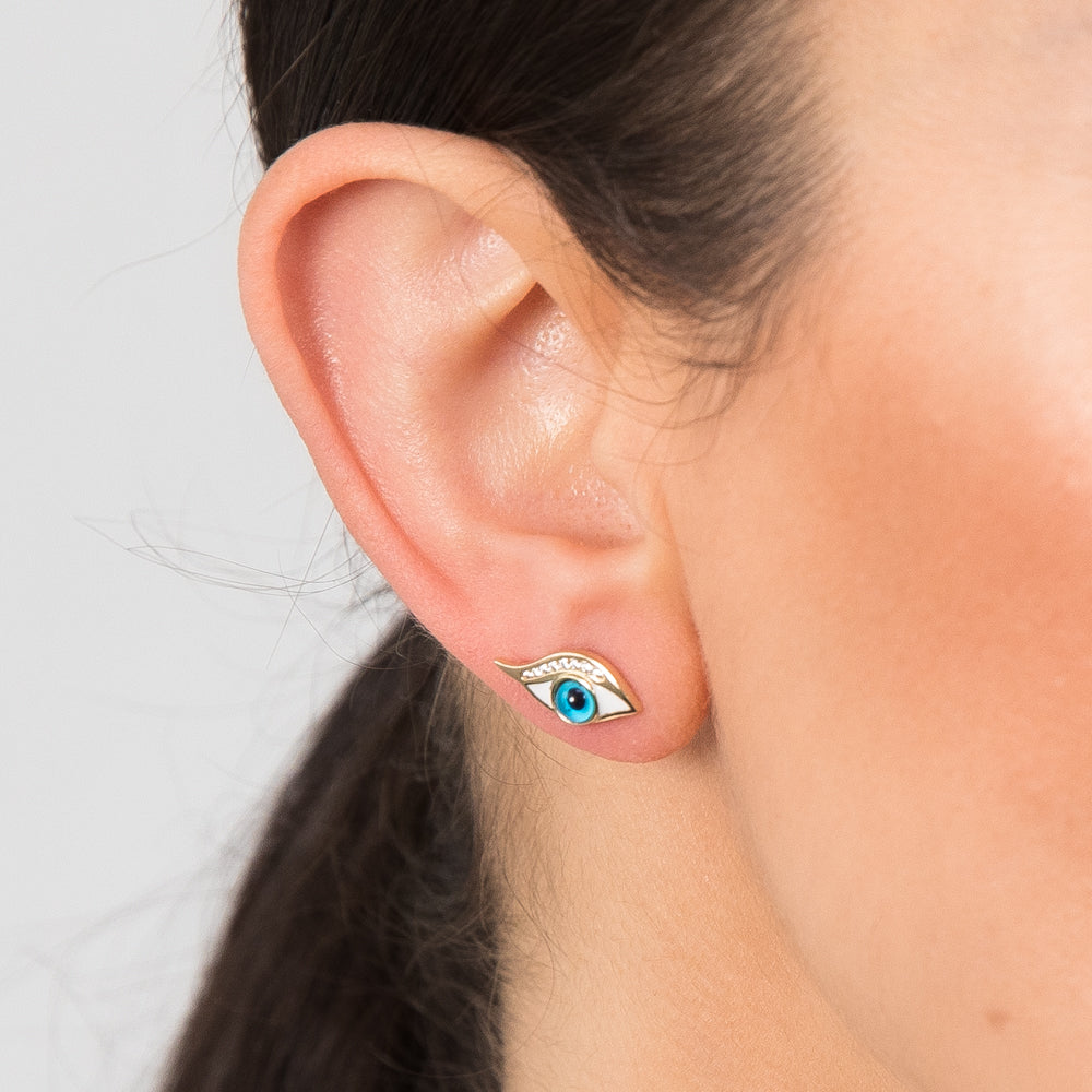 Stylish 9ct Yellow Gold Evil Eye Stud Earrings with Cubic Zirconia