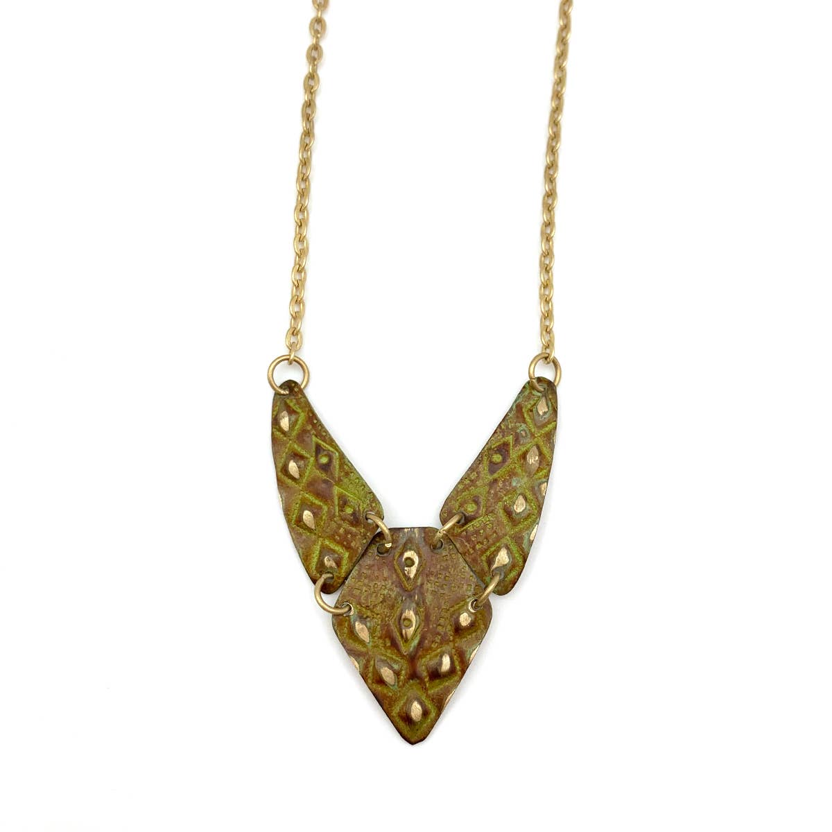 Handmade Brass Patina Bib Necklace with Burnt Orange Textured Diamond Design