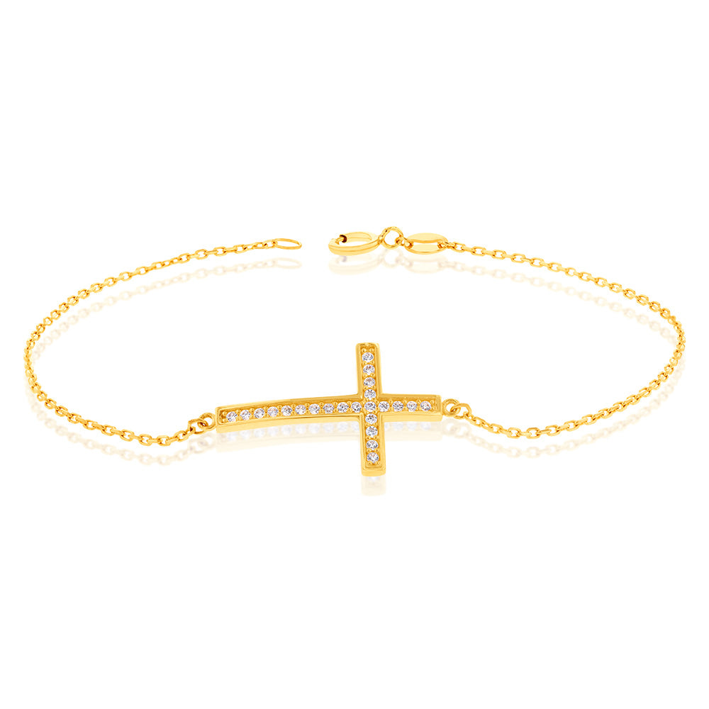 18.4cm 9 Carat Yellow Gold Bracelet with Cubic Zirconia-Embellished Cross