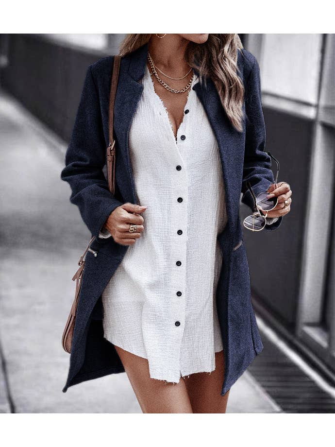 Stylish Open Front Notch Collar Mid-Length Winter Coat