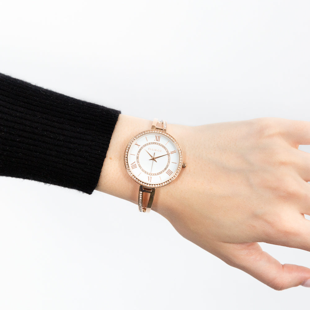 Ellis & Co Stylish Violet Women's Rose Gold Watch with Sparkling Stones