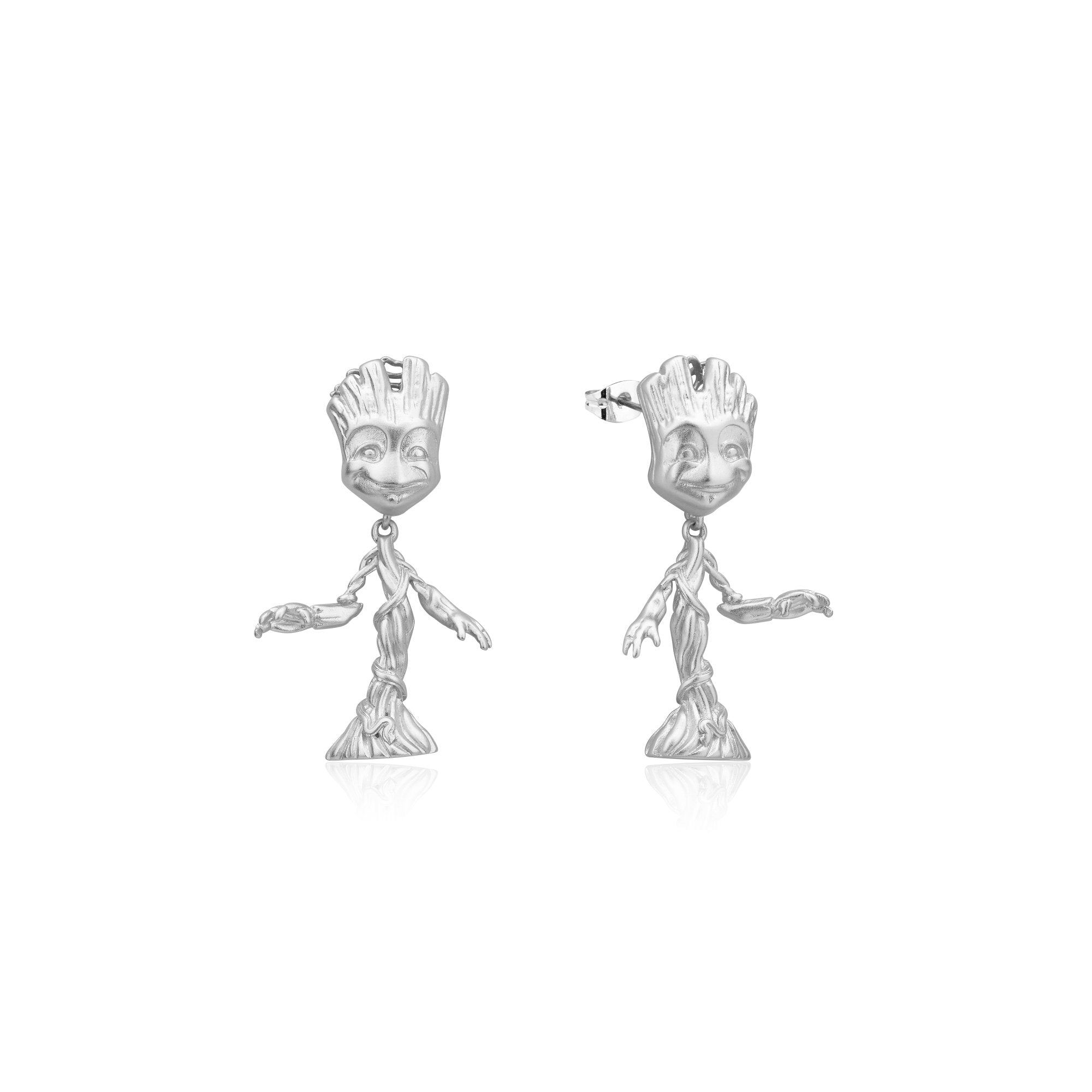 Disney White Gold Plated Stainless Steel Drop Earrings Featuring Guardians Of The Galaxy's Groot, a Stunning Jewelry Piece