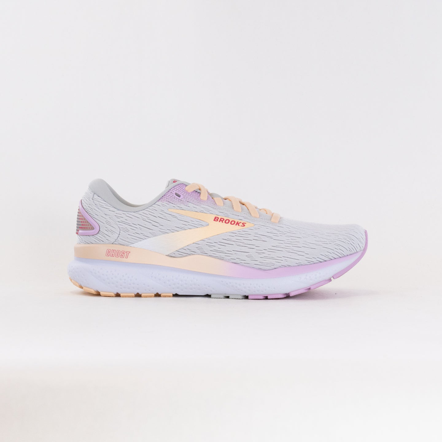 Women's Brooks Ghost 16 Running Shoes in White, Grey, and Orchid Colors