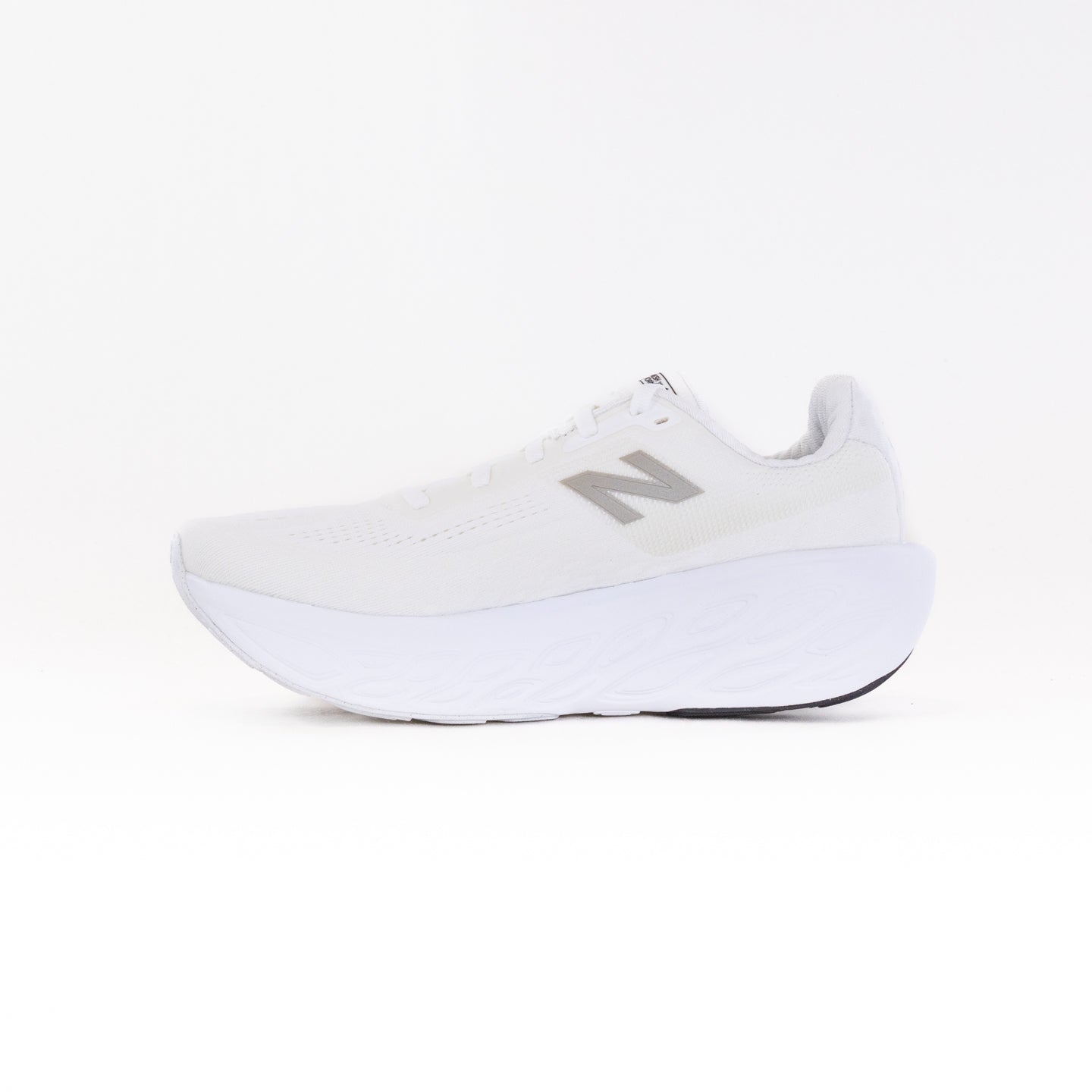 New Balance Women's Road Running Shoes 1080V14 in White with Light Gold Metallic Accents and Sea Salt Color Scheme