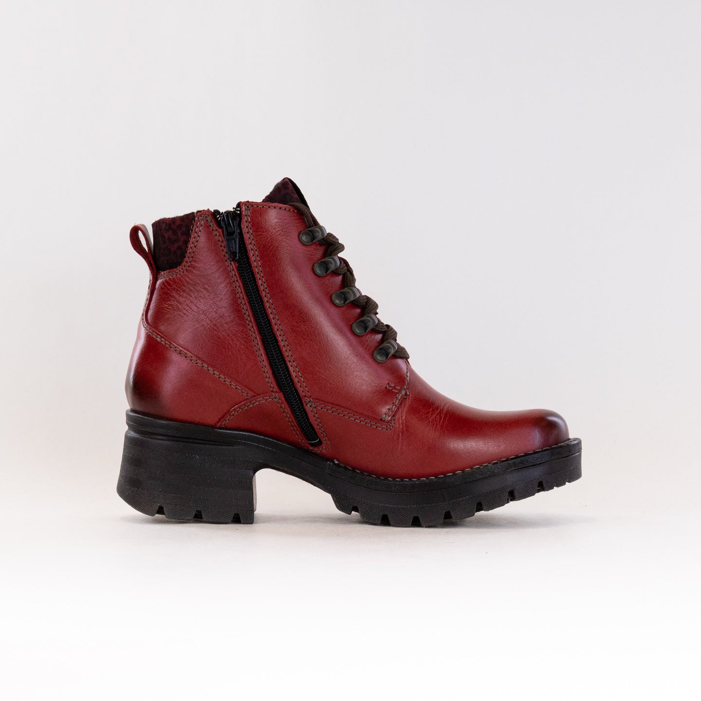 Dromedaris Karlie Women's Short Lace-up Ankle Boots in Red with Mini Leo Print