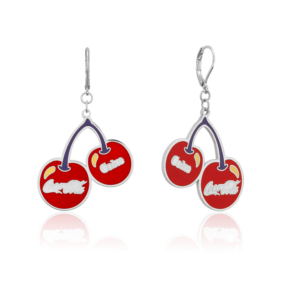Disney Branded White Gold Plated Stainless Steel Coca - Cola Cherry - Shaped Drop Earrings for Fashion Lovers