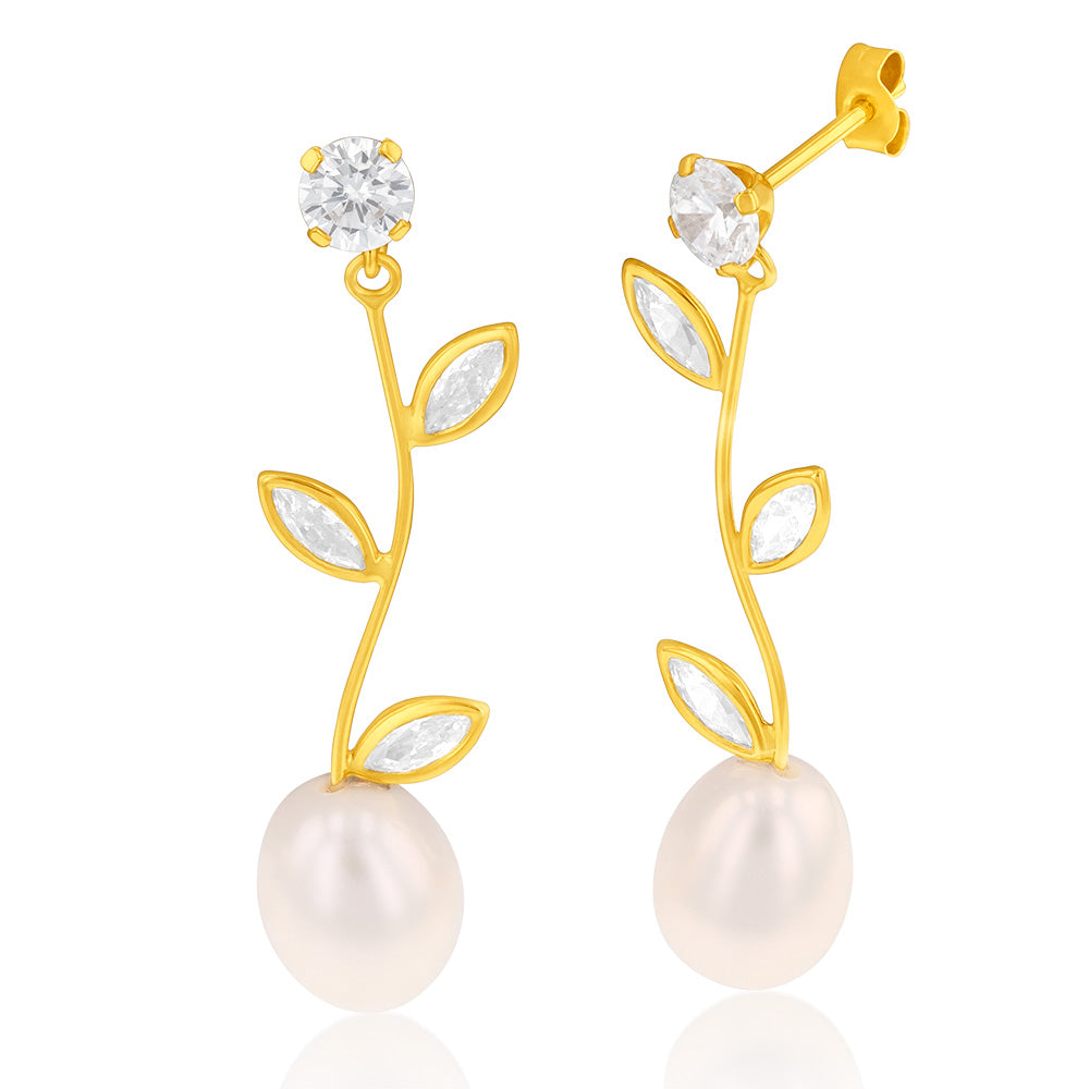 Stunning 9ct Yellow Gold Cubic Zirconia and Pearl Flower Drop Earrings