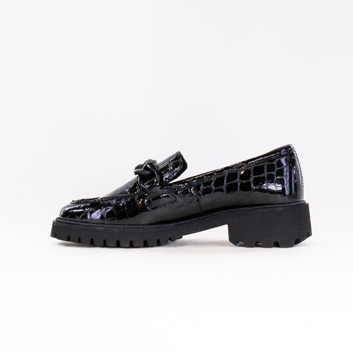 Stylish Women's Black Crocodile Print Ara Kiana Chunky Sole Chain Loafers