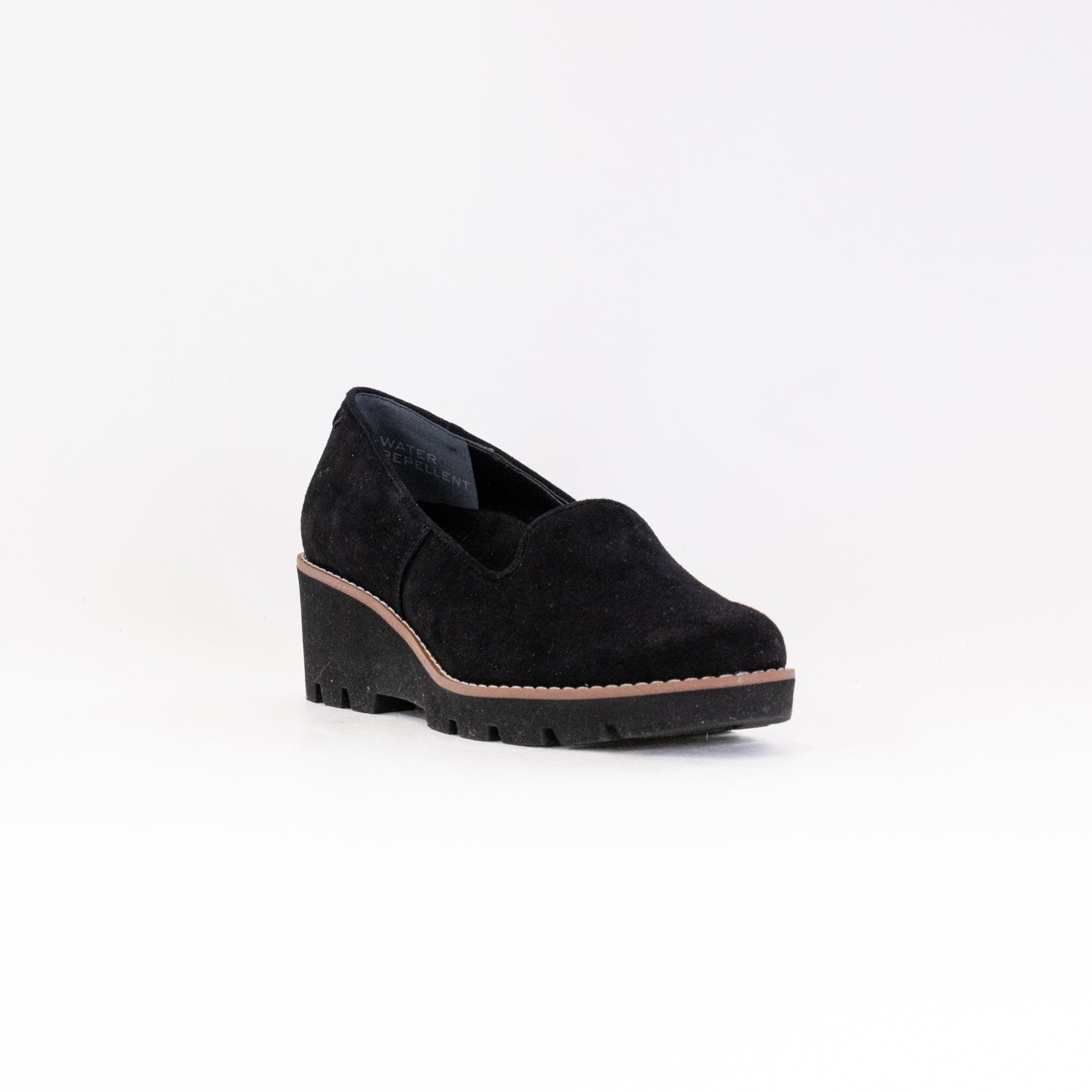 Women's Vionic Willa Black Suede Chunky Lug Wedge Slip-Ons