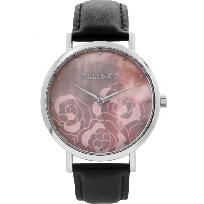Stylish Ellis & Co Holly Watch with Soft Black Band and Floral Dial