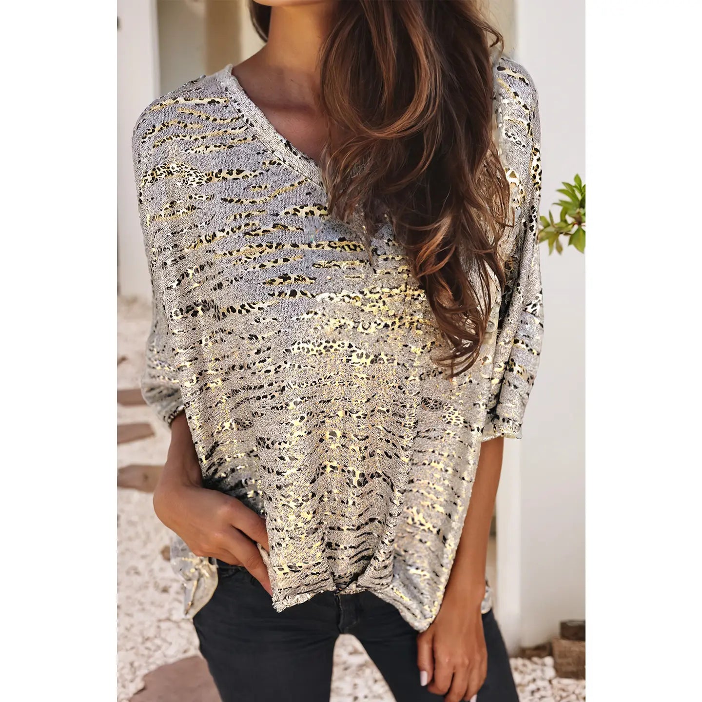 LITLLE DAISY CLOSET Women's Casual Leopard Print Half Sleeve V Neck Loose Fitting T-Shirt for Daily Wear