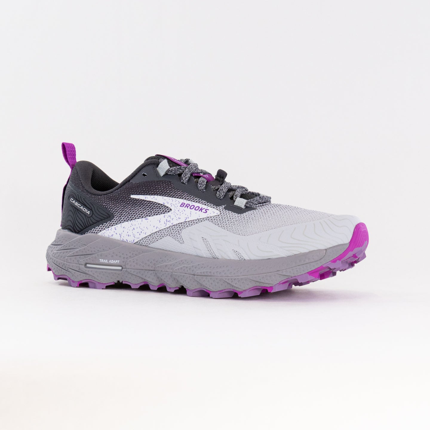 Women's Brooks Cascadia 17 Trail Running Shoes - Oyster, Blackened Pearl, and Purple Color Combination