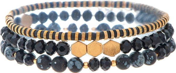 Stylish Gold and Black Beaded Three - Piece Bracelet Jewelry Set