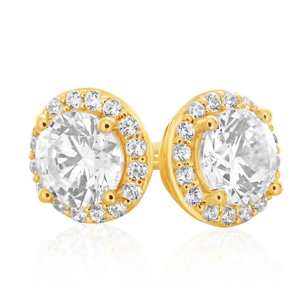 Stunning 9ct Yellow Gold Cubic Zirconia Halo Stud Earrings with Accent Stones