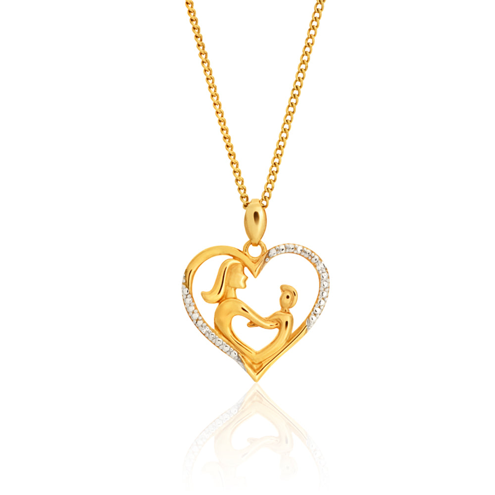9ct Yellow Gold Shining Diamond Pendant of Mother and Child Heart Design