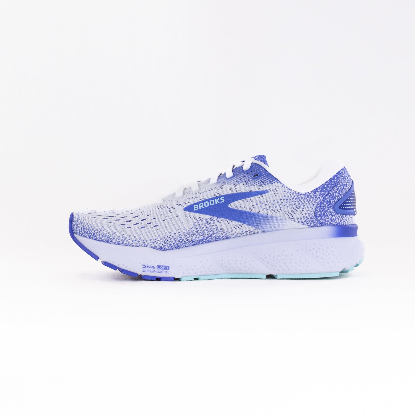Women's Brooks Ghost 16 Running Shoes in White, Amparo Blue, and Limpet Shell Colors