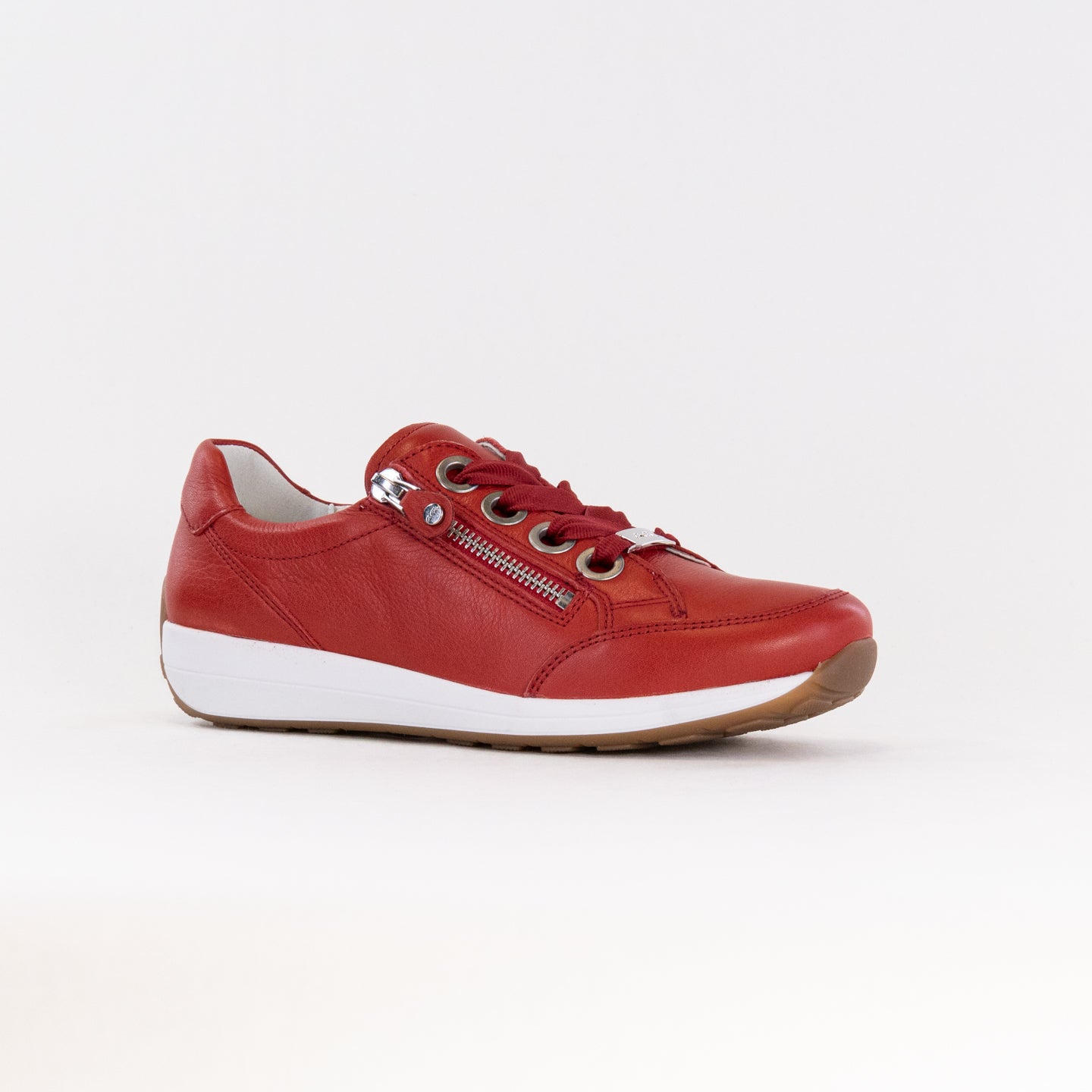 Women's Red Leather Ara Ollie Side-Zip Lace-Up Comfortable Sneakers