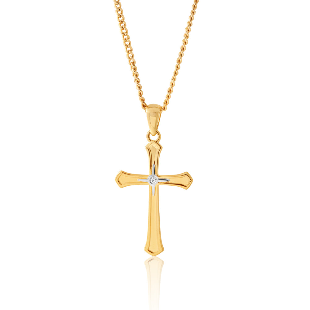 Exquisite 9ct Yellow Gold Pendant with a Diamond - Embellished Cross