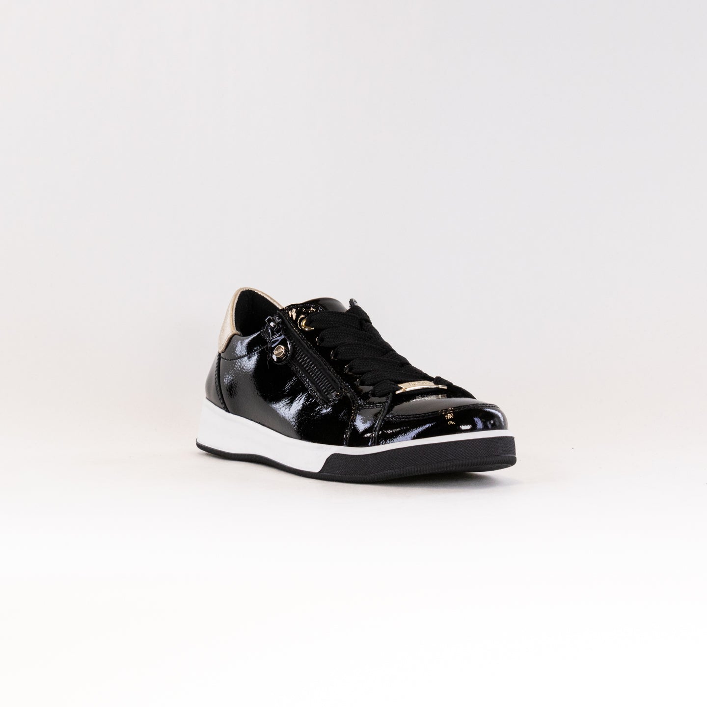 Women's Ara Rei Low Double Zip Patent Leather Sneakers in Classic Black Color