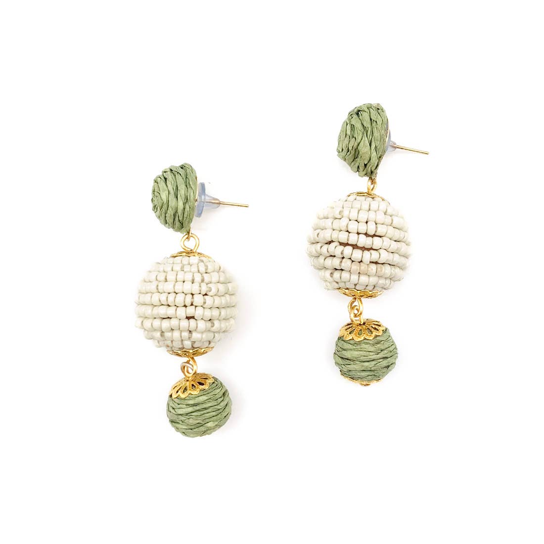 Fashionable Handmade Sachi Calming Sage Collection White and Green Drop Earrings