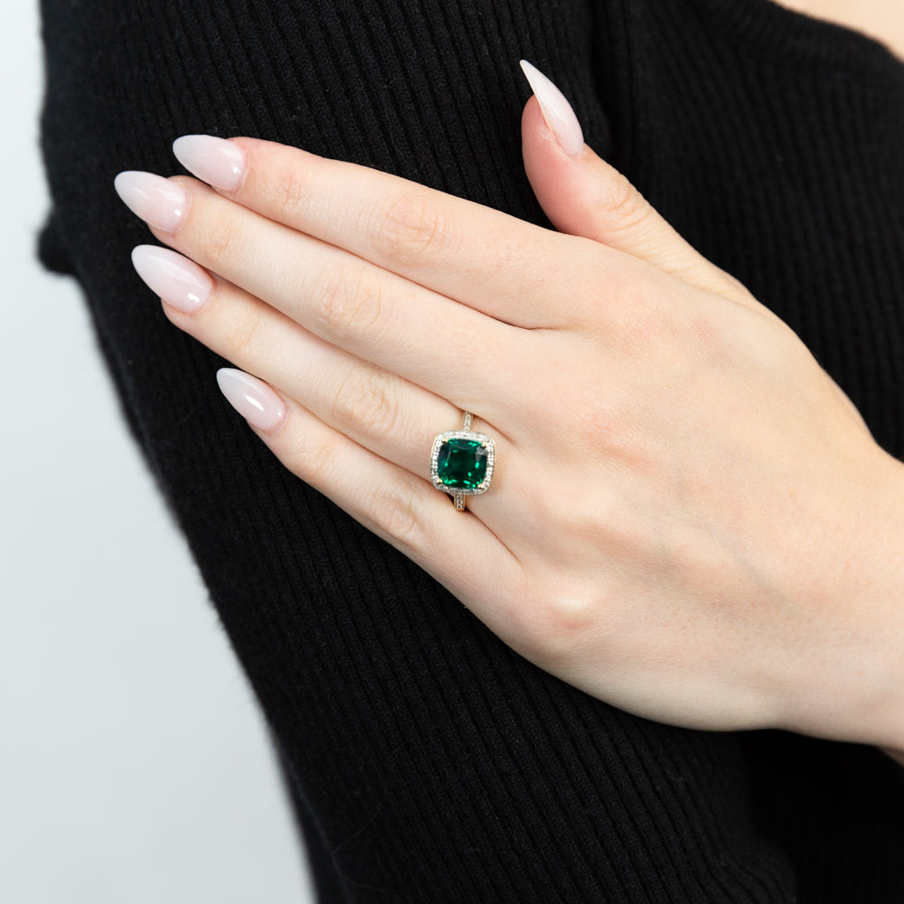 9ct Yellow Gold Ring Featuring a 9mm Cushion Cut Lab-Created Emerald and Diamonds