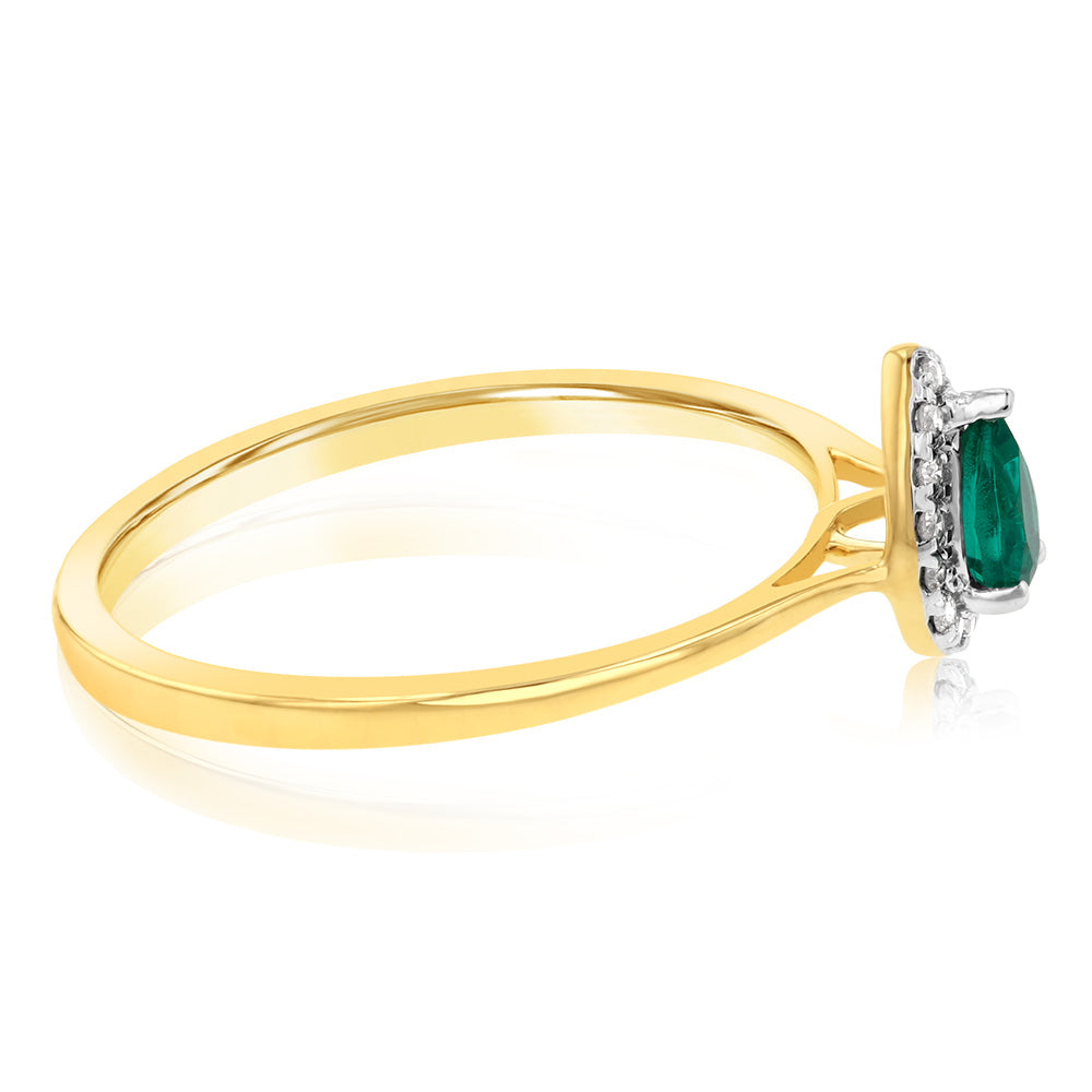 Stunning 9ct Yellow Gold Ring with Diamonds and Created Pear Emeralds