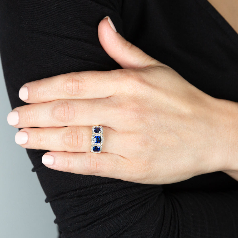 Exquisite 9ct Yellow Gold Ring with Cubic Zirconia and Lab - Created Blue Sapphire for Women's Jewelry Collection