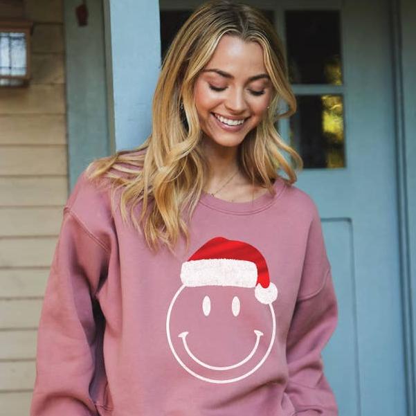 Joyful Smiley Face Santa Foil Mid Graphic Christmas Sweatshirt for Spreading Holiday Cheer