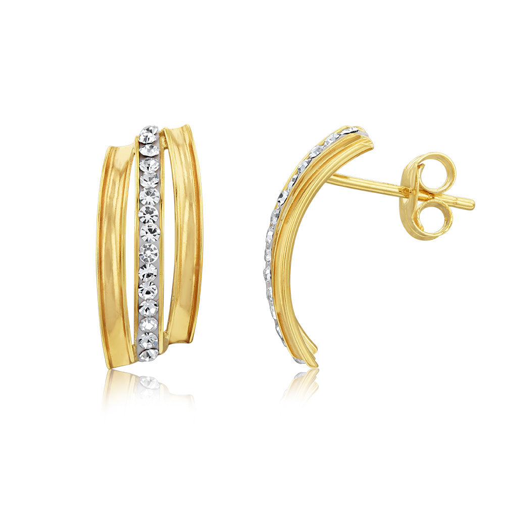 Stylish 9ct Yellow Gold Triple Groove Band Cubic Zirconia Stud Earrings