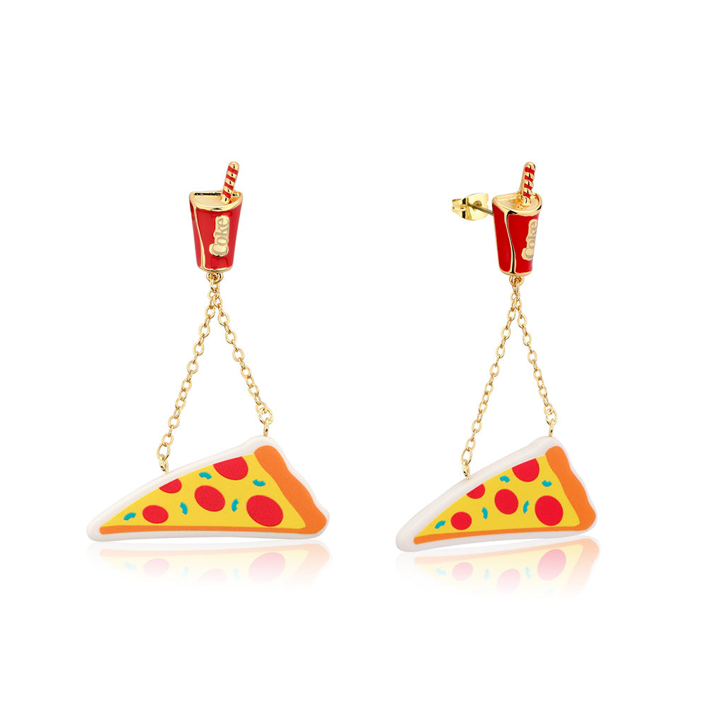 Disney Gold - Coated Stainless Steel Coca - Cola & Pizza Dangling Earrings