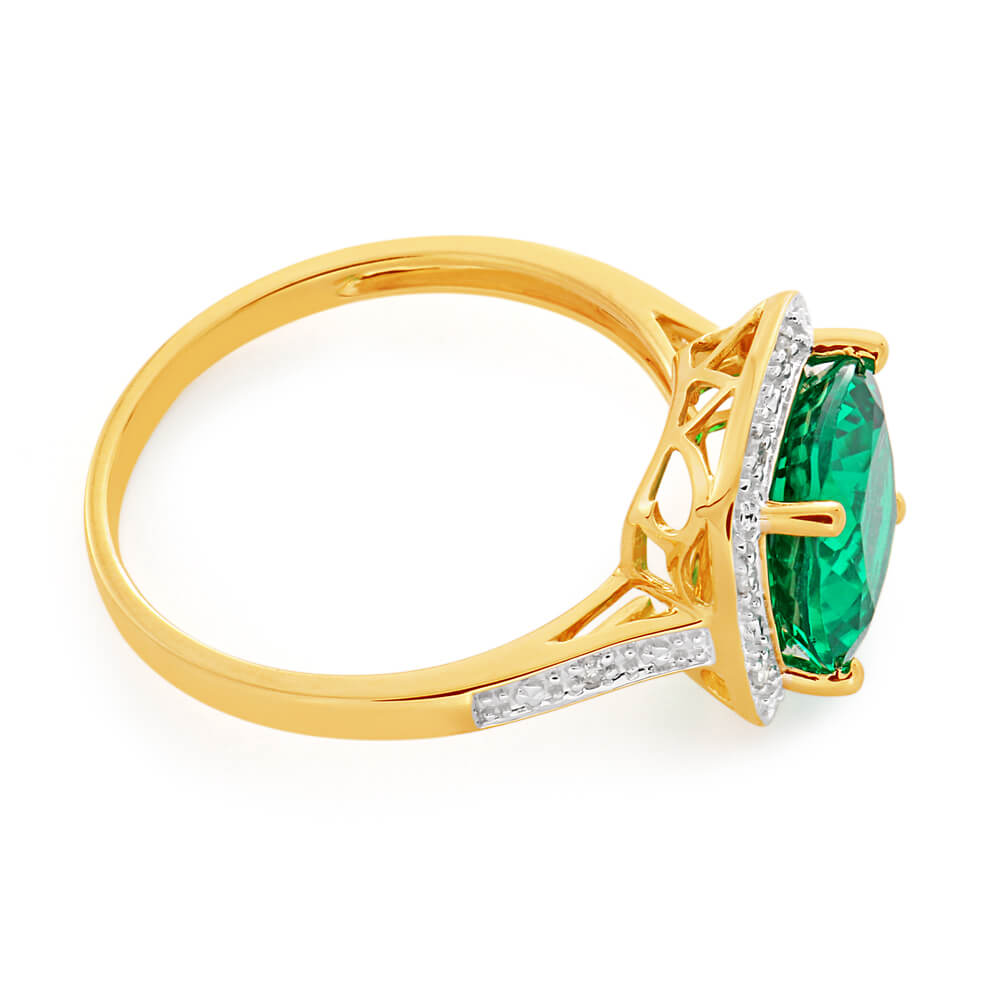 9ct Yellow Gold Ring Featuring a 9mm Cushion Cut Lab-Created Emerald and Diamonds