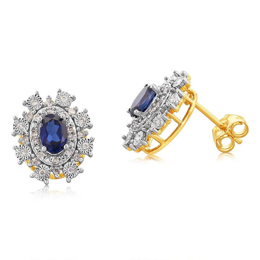 Exquisite 9ct Yellow Gold Earrings Adorned with Diamonds and Lab - Created Sapphires