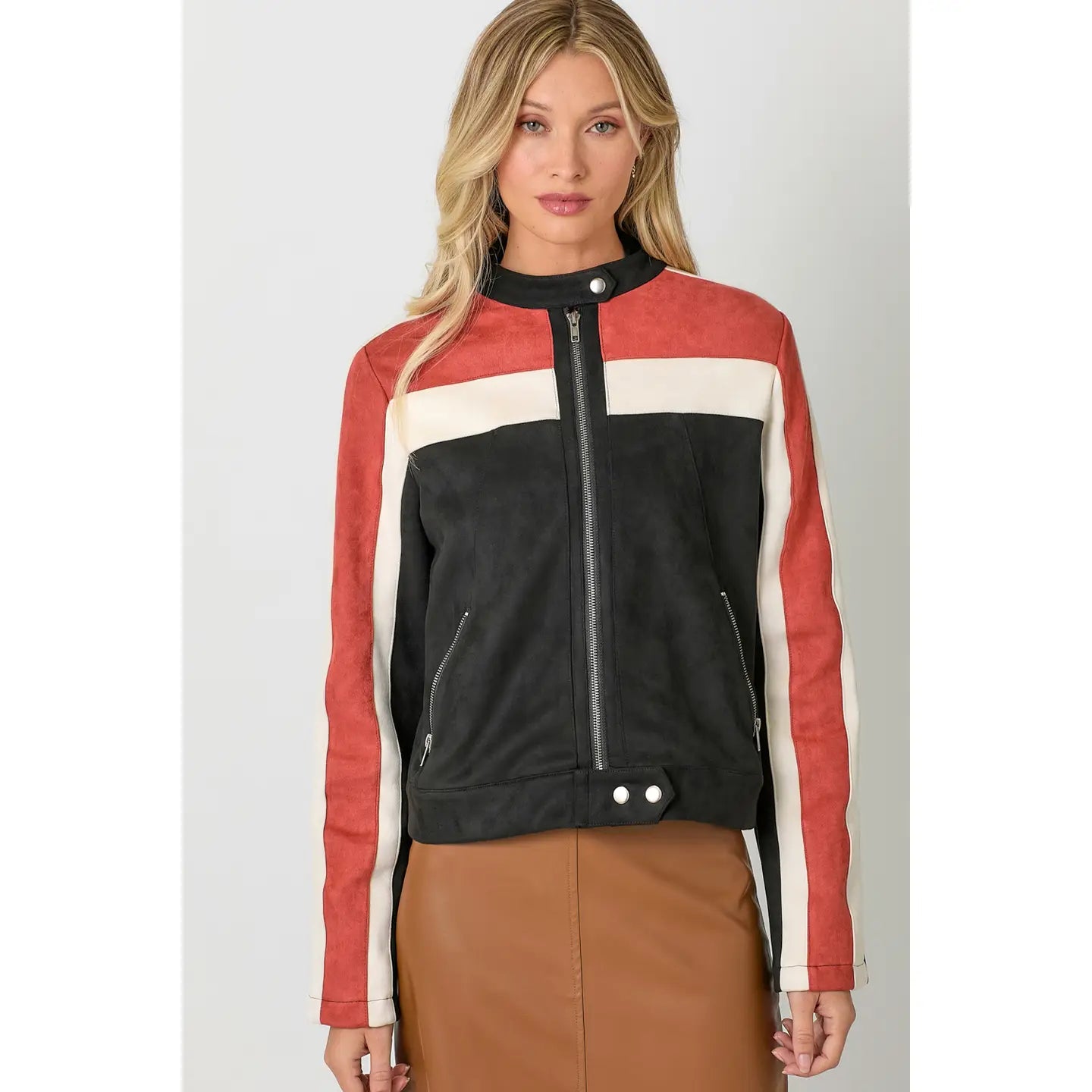 MYSTREE Fashionable Color - Blocked Motorcycle - Style Jacket