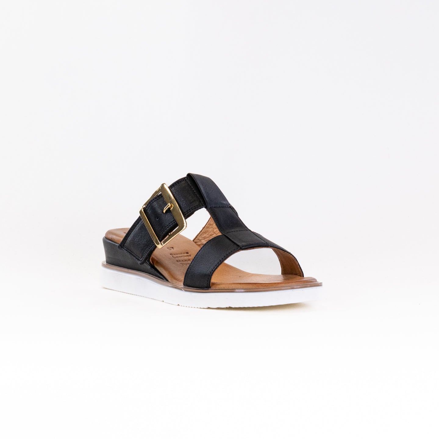 Women's Spring Step Seaport Black Wedge Sandals with Decorative Buckle